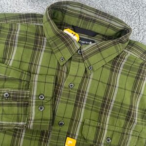 Carhartt Mens XL Long Sleeve Button Up Shirt Olive Green Plaid Loose Fit